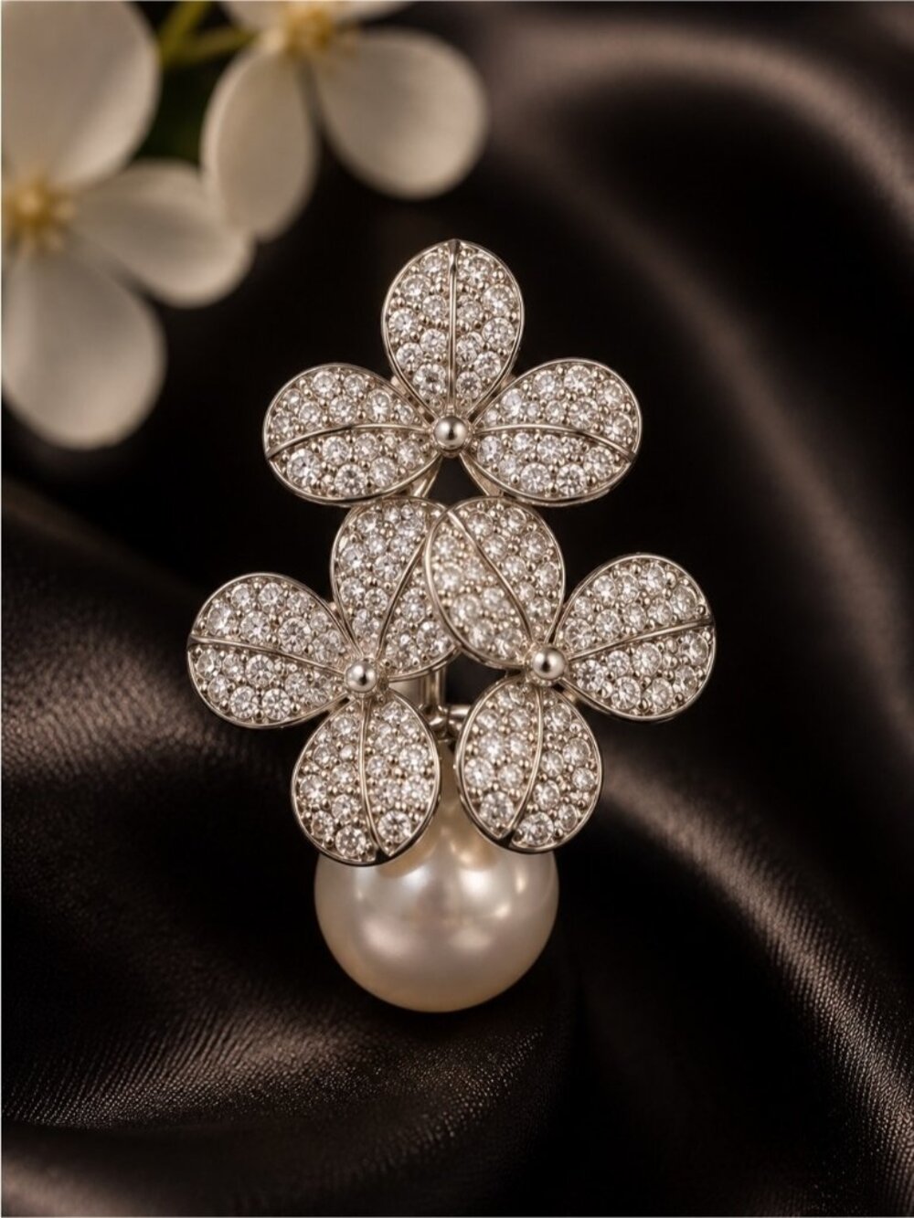 Pearl Drop Floral Crystal Stud Earrings - Women Jewelry